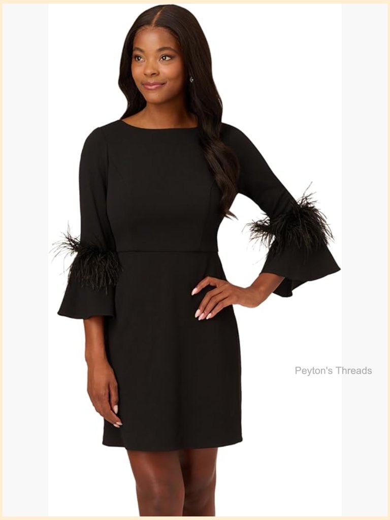 Stretch Crepe Feather Trim Cocktail Dress A-Line Boat Neck